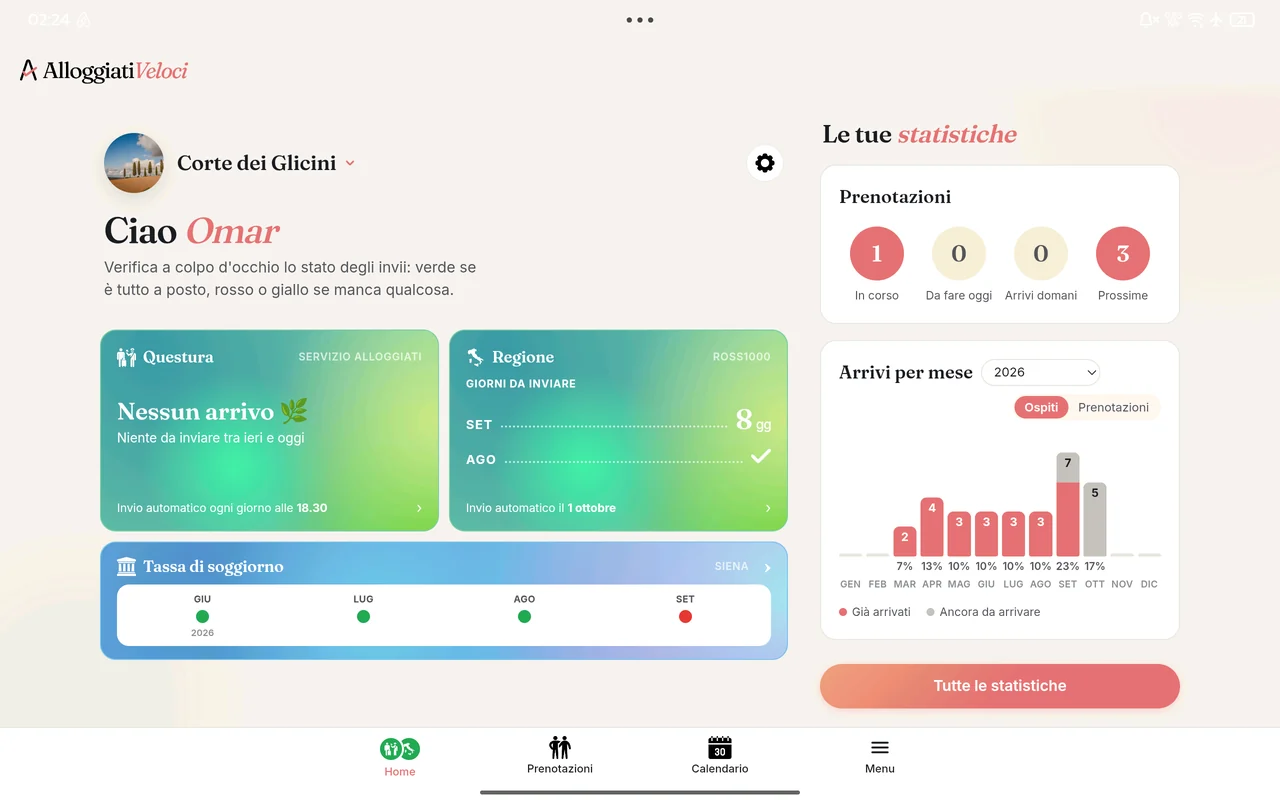 La home dell'app con lo stato degli invii a Questura e Regione