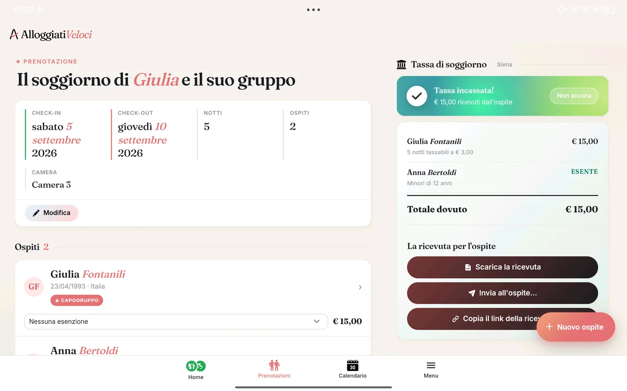 Il riepilogo della tassa di soggiorno con le esenzioni e la ricevuta