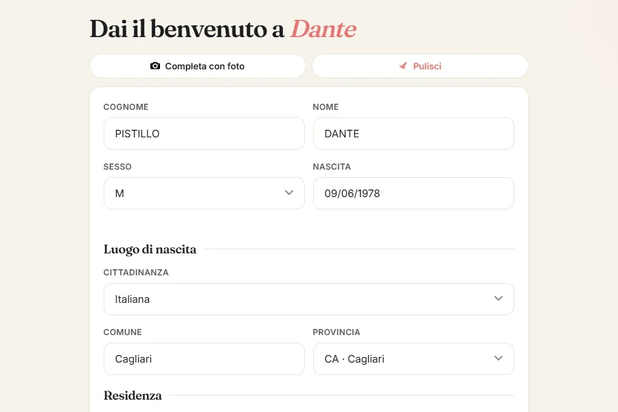 La scheda dell'ospite compilata automaticamente